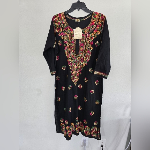 Ada Embroidered Floral Dress Womens XL Black Red Slits Flowy  Boho Art New - Picture 2 of 14